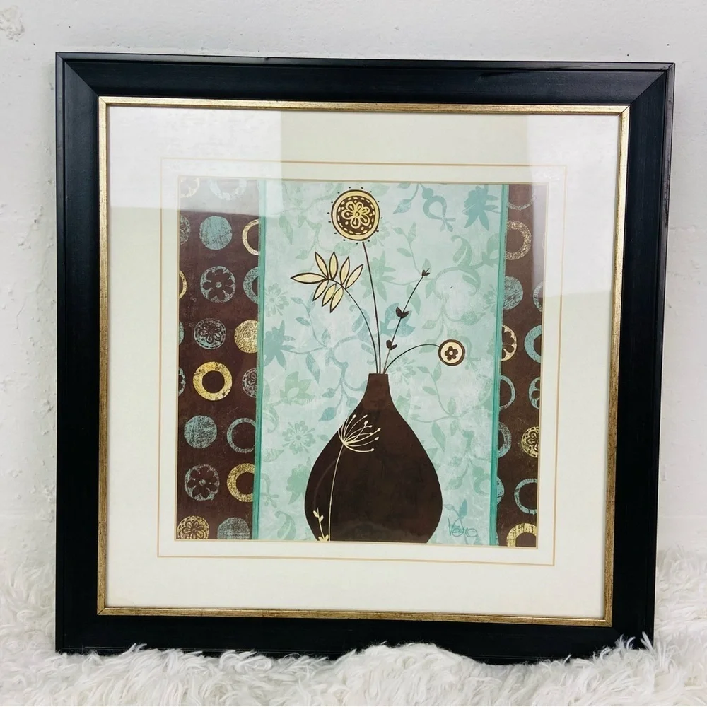UNBRANDED made in the USA glass framed green & brown vase flower art piece